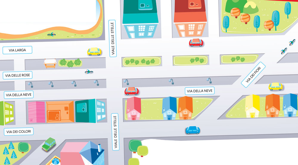 Mappa del paese con Via Larga, Via delle Rose, Via della Neve, Via dei Colori, Viale delle Stelle