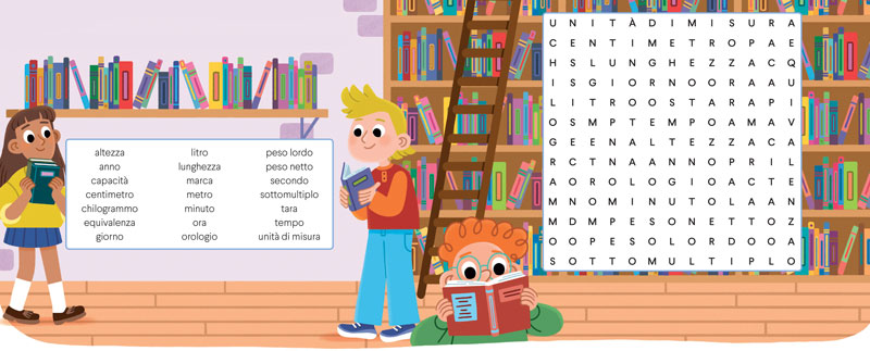 Bambini in biblioteca con lista parole delle misure