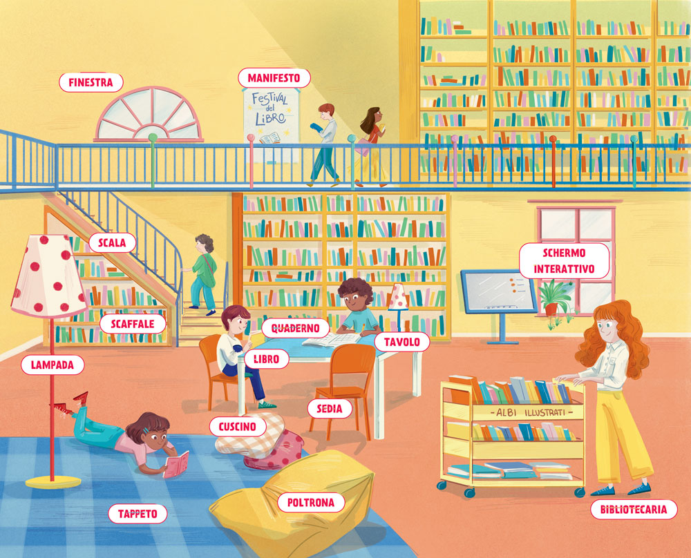 Biblioteca con cartellini: finestra, manifesto, scala, scaffale, lampada, quaderno, tavolo, libro, sedia, cuscino, tappeto, poltrona, schermo interattivo e bibliotecaria