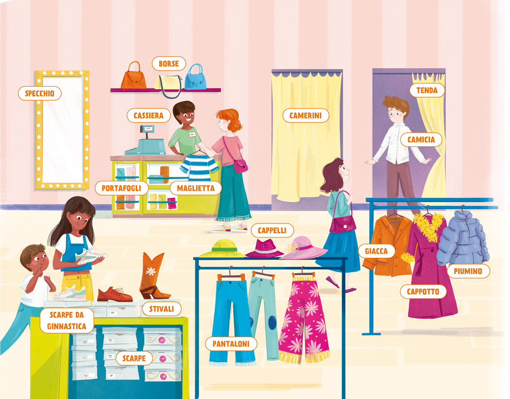 Negozio di abbigliamento con cartellini: specchio, borse, cassiera, portafogli, maglietta, camerini, tenda, camicia, cappelli, giacca, piumino, cappotto, scarpe da ginnastica, stivali, scarpe e pantaloni
