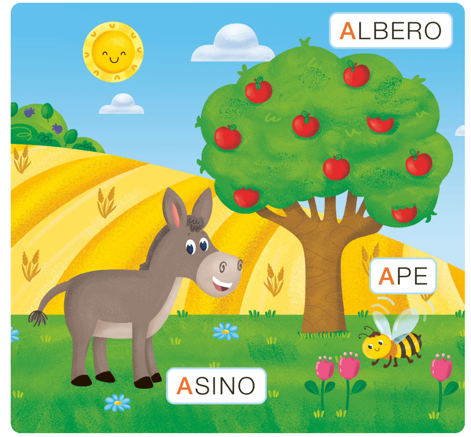 Illustrazione con albero, asino e ape