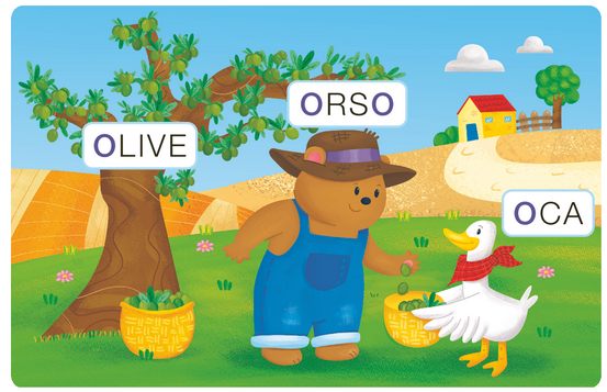 Illustrazione con orso, olive e oca
